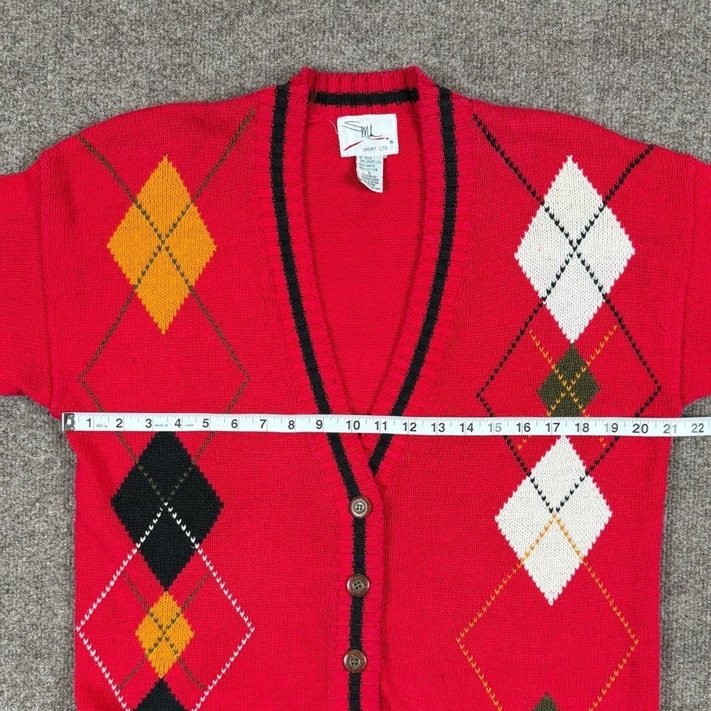 Vintage 90s Red Argyle Diamond Deep V-Neck Cardigan Sweater Women S Teacher Core - Picture 13 of 14